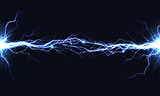 Fototapeta Miasto - Powerful electrical discharge hitting from side to side realistic vector illustration isolated on black transparent background. Blazing lightning strike in darkness. Electric energy flash light effect