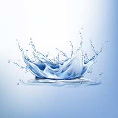 Splash on water surface 3d realistic vector. Blue liquid crown, frozen motion with droplets and waves. Pure drink freshwater source, ecology concept. Natural product presentation design element