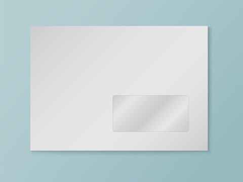 Wall Mural - Vector mockup of white c6 paper empty envelope with window isolated on blue background. Gray horizontal postage open cover template. 3d illustration for your corporate identity design