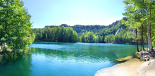 Adršpach-Teplice Rocks In Czech Republic. Piskovna Lake. Blue Lake In The Mountains. High Resolution Picture.