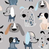 Childish seamless pattern with funny creative dogs. Trendy scandinavian vector background. Perfect for kids apparel,fabric, textile, nursery decoration,wrapping paper