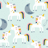 Seamless childish pattern with cute unicorns and moons . Creative scandinavian kids texture for fabric, wrapping, textile, wallpaper, apparel. Vector illustration