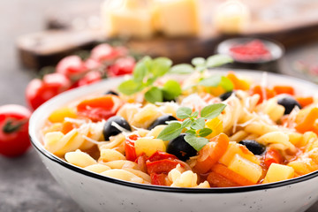 Minestrone, italian vegetarian soup with pasta and vegetables