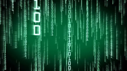 Wall Mural - binary green particles falling down in matrix style. futuristic seamless 3d animation with bright 1 
