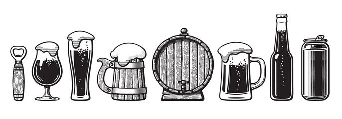 Wall Mural - set of beer objects. bottle opener, glasses, old wooden mug, barrel, can. vector illustration.