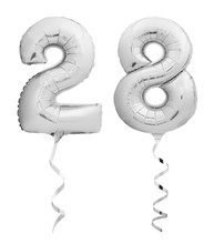 Silver Chrome Number 28 Twenty Eight Made Of Inflatable Balloon With Ribbon Isolated On White