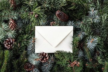 Wall Mural - Christmas letter envelope on fir branches background with pine cones. Xmas and New Year theme. Flat lay, top view
