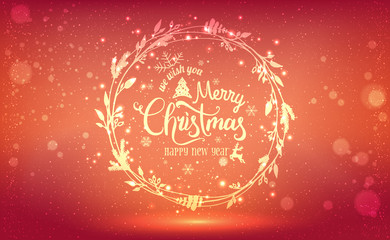 Wall Mural - Gold Christmas and New Year typographical on red holiday background with Christmas wreath, snowflakes, light, stars. Xmas card. Vector Illustration
