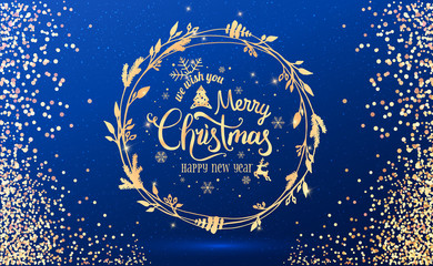Wall Mural - gold christmas and new year typographical on blue holiday background with christmas wreath, gold fir
