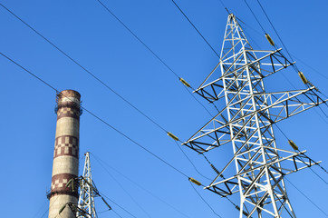 Electrical power station. High-voltage power lines.  Industrial tourism. High chimney pipe