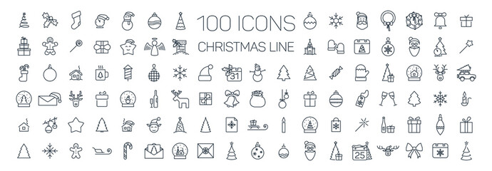christmas line web 100 icons set on white background
