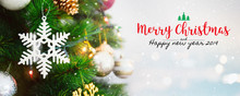 Christmas And Happy New Year 2019 On Blurred Bokeh Christmas Tree Background With Snowfall.
