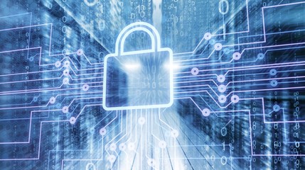 Digital lock icon and city background, concept of data security
