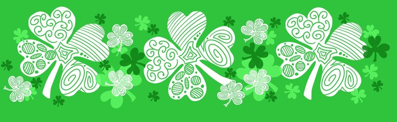 Wall Mural - shamrock four leaf clover, st patrick's day, march green and white banner header background in wide 