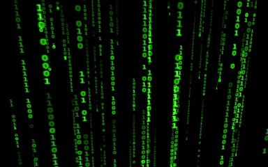 Wall Mural - Background in a matrix style.Binary computer code on black background.Green digital code numbers in matrix style.Cyberpunk hacker abstraction backdrop.Random numbers falling on the black background.