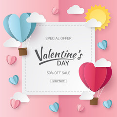 Wall Mural - valentines day sale background with heart balloons, clouds and sun. paper cut style. vector illustra