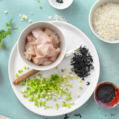 Poster - Raw Ingredients cooking poke bowl chicken meat top view