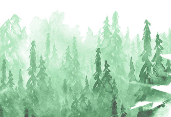 Watercolor group of trees - fir, pine, cedar, fir-tree. green forest, landscape, forest landscape. Drawing on white isolated background. Misty forest in haz. Ecological poster. Watercolor painting