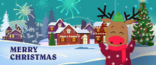 Happy New Year And Merry Christmas Banner With Funny Deer In Sweater Wearing Hat And Scarf On Town Background. Lettering With Realistic Elements Can Be Used For Invitations, Signs, Announcements