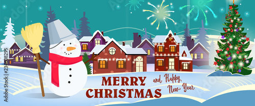 Merry Christmas And Happy New Year Banner Design With Snowman