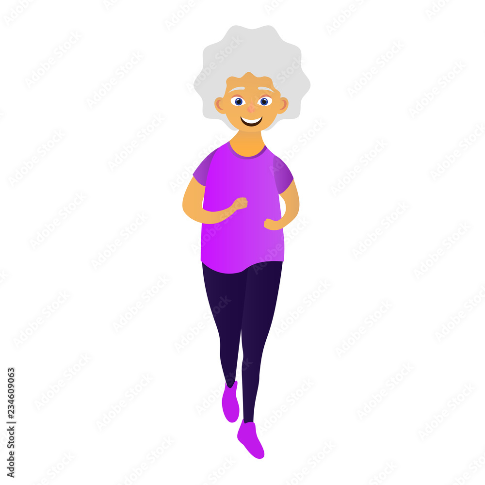 Happy old women dressed in sports clothing doing fitness, running. Active elderly  woman. Cartoon character isolated on white background. Vector illustration  Stock Vector | Adobe Stock, image size:1000x1000