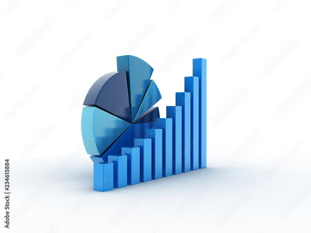 3d rendered pie chart graph with up arrow isolated on white background ...