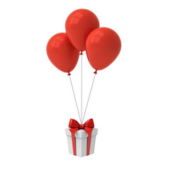 Bunch of red glossy balloons tied to gift box or present box with red ribbon and bow isolated over white background with window reflections 3D rendering