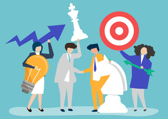 Poster - Business people holding goal and strategy icons illustration