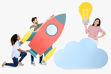 Wall Mural - Cloud storage and innovation concept shoot featuring a rocket icon