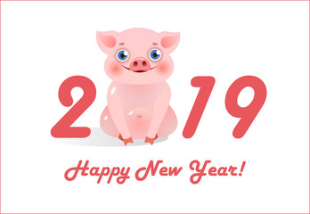 Wall Mural - Twenty nineteen, Happy New Year lettering with piglet. New Year Day greeting card. Typed text, calligraphy. For leaflets, brochures, invitations, posters or banners.