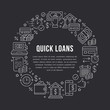 Finance, money loan circle template flat line icons. Quick credit approval, currency transaction, no commission cash deposit atm vector brochure illustration Thin signs banking poster dark background.