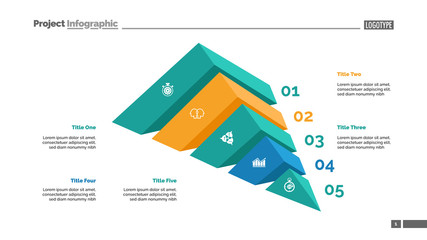 Five elements process chart slide template. Business data. Number, step, design. Creative concept for infographic, presentation, report. Can be used for topics like marketing, research, banking.