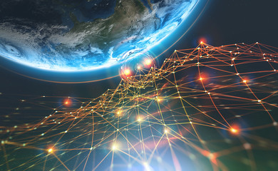 Aufkleber - Block chain network and Planet Earth. Artificial intelligence. Global decentralized database. Future world 3D illustration. Elements of this image are furnished by NASA