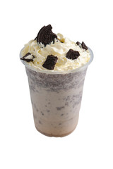 Chocolate cookie milk shake topped whipping cream cheese in glass plastic isolated on white background with Clipping Path