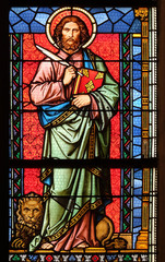 Wall Mural - Saint Mark the Evangelist, stained glass window in parish church of Saint Mark in Zagreb, Croatia 