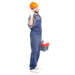 Wall Mural - Young man builder with toolbox industry worker hardhat on white background isolation