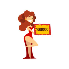 Poster - Smiling girl holding winning check for one million dollars, quiz show concept vector Illustration on a white background