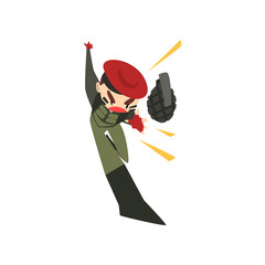 Canvas Print - Military man throwing a grenade, soldier character in camouflage uniform and red beret cartoon vector Illustration on a white background