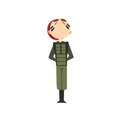 Sticker - Military man standng at attention, soldier character in camouflage uniform and red beret cartoon vector Illustration on a white background