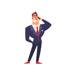 Sticker - Successful businessman character in blue suit talking on mobile phone cartoon vector Illustration on a white background