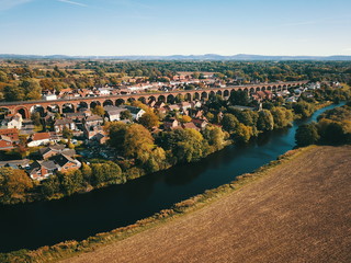 Historic railway market town of yarm in Teesside with the brick built railway viaduct