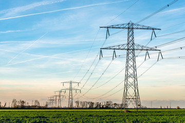 Wall Mural - High voltage towers with thick hanging power cables in a rural landscape in the Netherlands