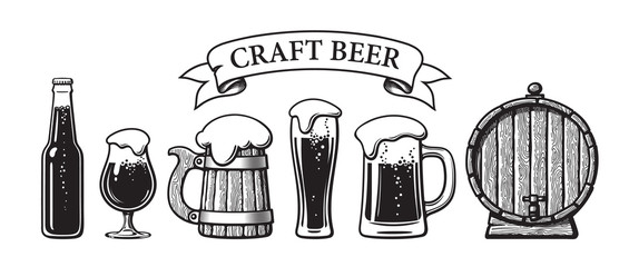 Wall Mural - vintage set of craft beer objects. bottle, glasses, old wooden mug, barrel, ribbon banner. hand draw