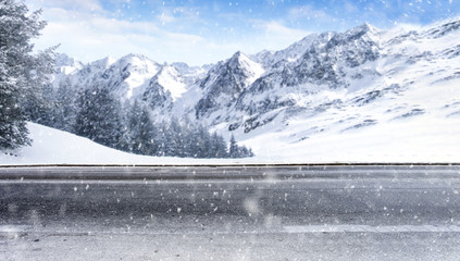 Poster - Winter road of free space and snowflakes decoration. 