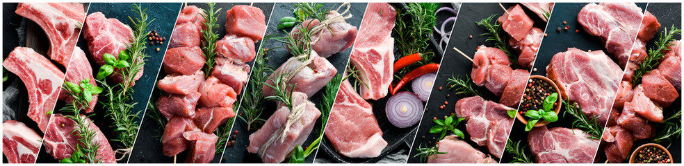 Wall Mural - Collage of raw meat. On a black background.