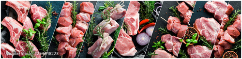 Fotografía Collage of raw meat. On a black background.