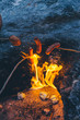 Turist fried sausages on fires of Yanartas (Mount Chimaera) Antalya, Turkey