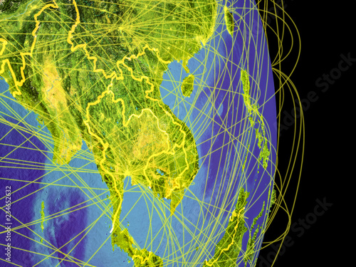 Foto Indochina on Earth with trajectories representing international communication, travel, connections