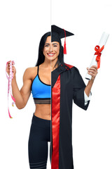 Woman in two occupations of fitness trainer and graduate.