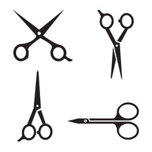 Set Of Various Scissors. Tools For The Hairdresser. Icons In Black.